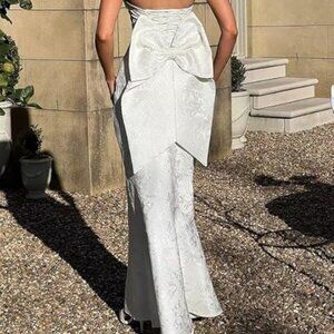 Satin Prom Dresses with Bow Strapless Long Satin Formal Evening Party Gown